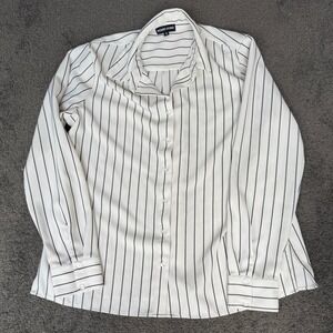 Modern Works Womens Small White Black Pinstripe Button Down Blouse Long Sleeve